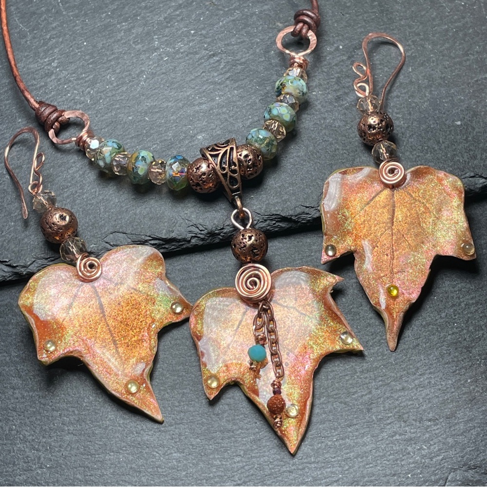Autumn Leaf Jewelry Set Fairycore Earrings And Pendant | Artisan Jewelry